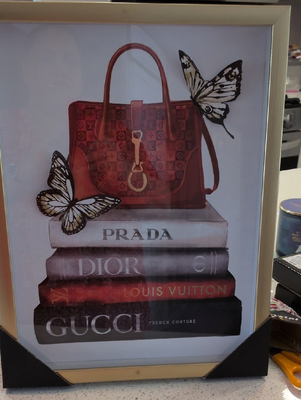 Red Leather Tote Bag with Gold Hardware WALL ART 15x13 New